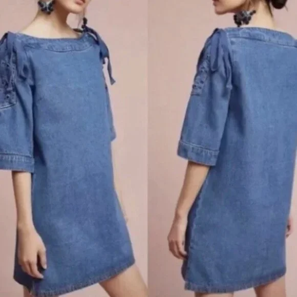 Maeve Anthropologie Denim Tie Shoulder Dress XL - Picture 9 of 9